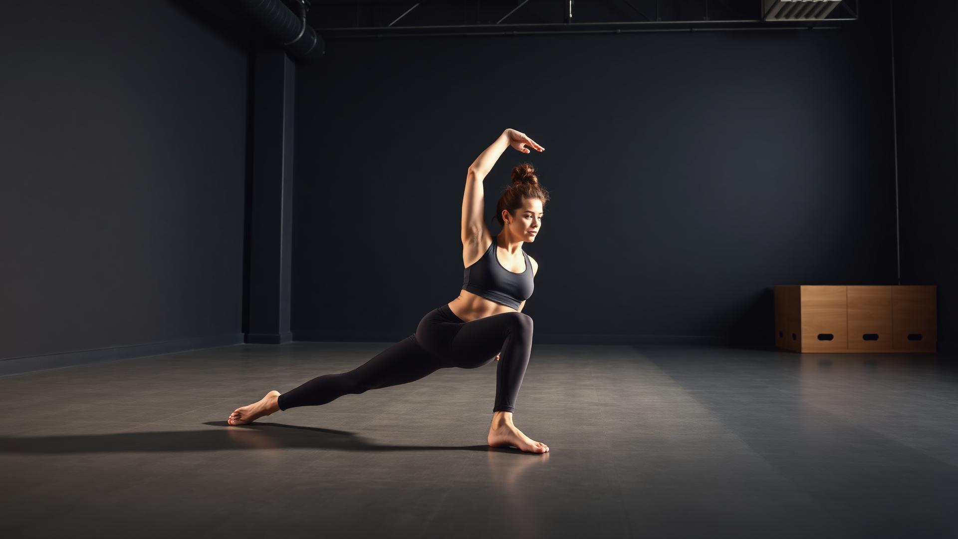 An athlete sinks into a deep lunge stretch with one arm reaching overhead on an open studio floor