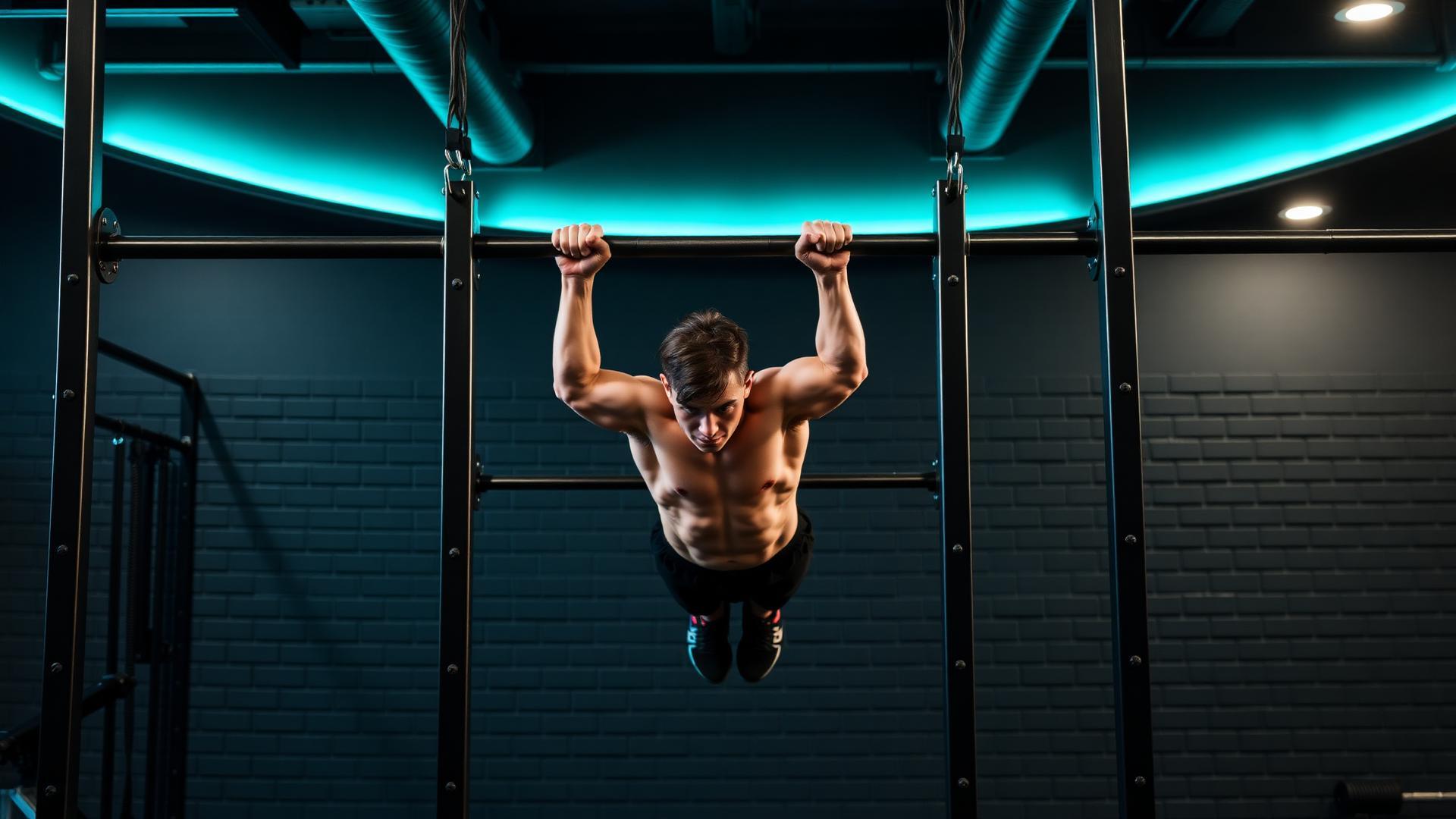An athlete hangs from a pull-up bar between the uprights of a steel rig, a dark brick wall behind him