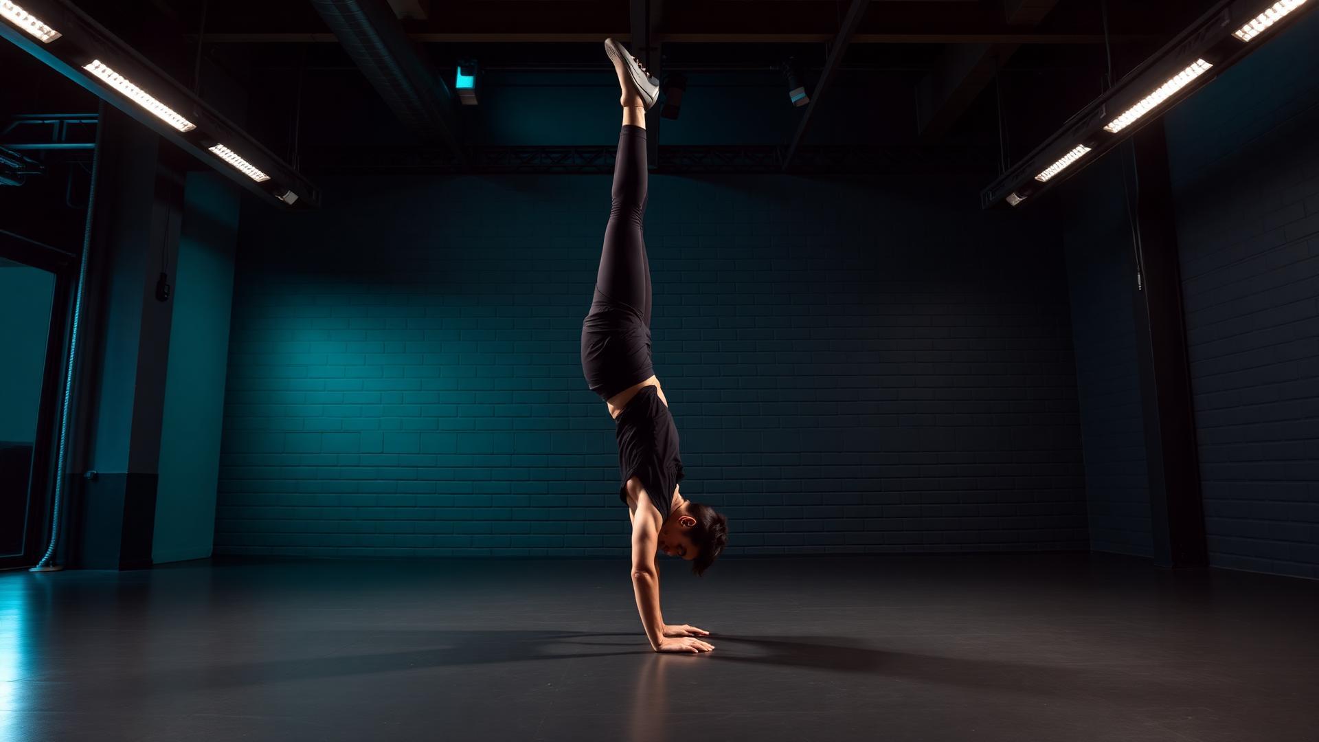 An athlete holds a straight handstand alone in the middle of a dark, empty training hall